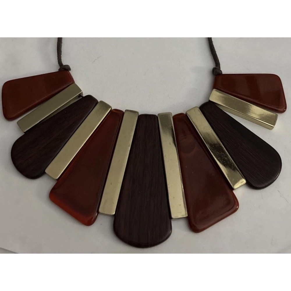 Red Brown Gold Tone Geometric Fan Bib Statement Necklace
